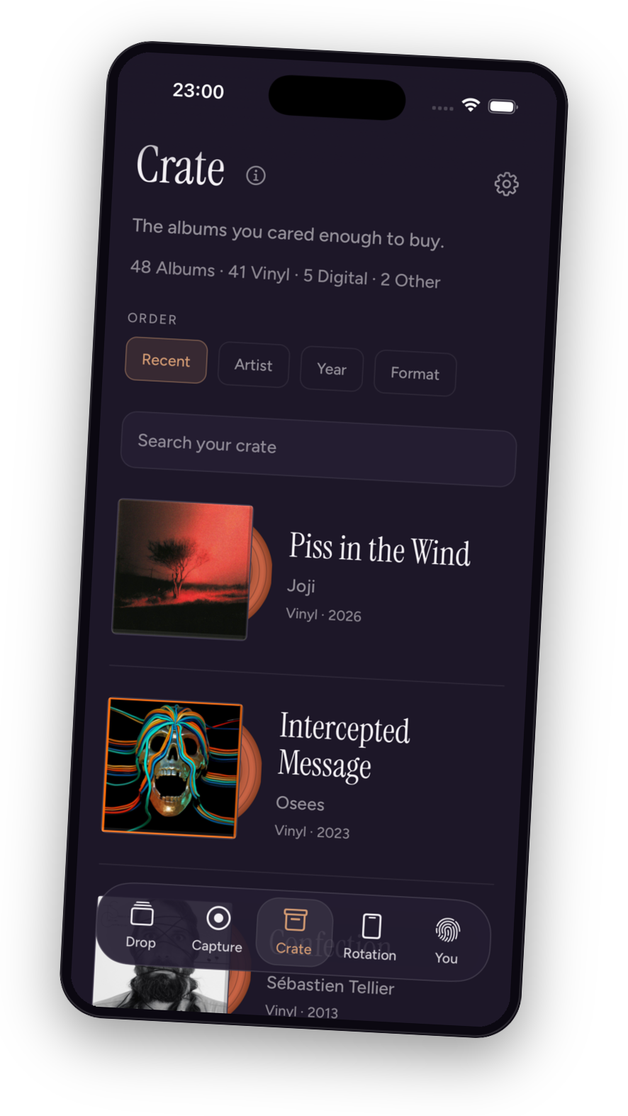 The synff app showing albums the listener owns in Crate