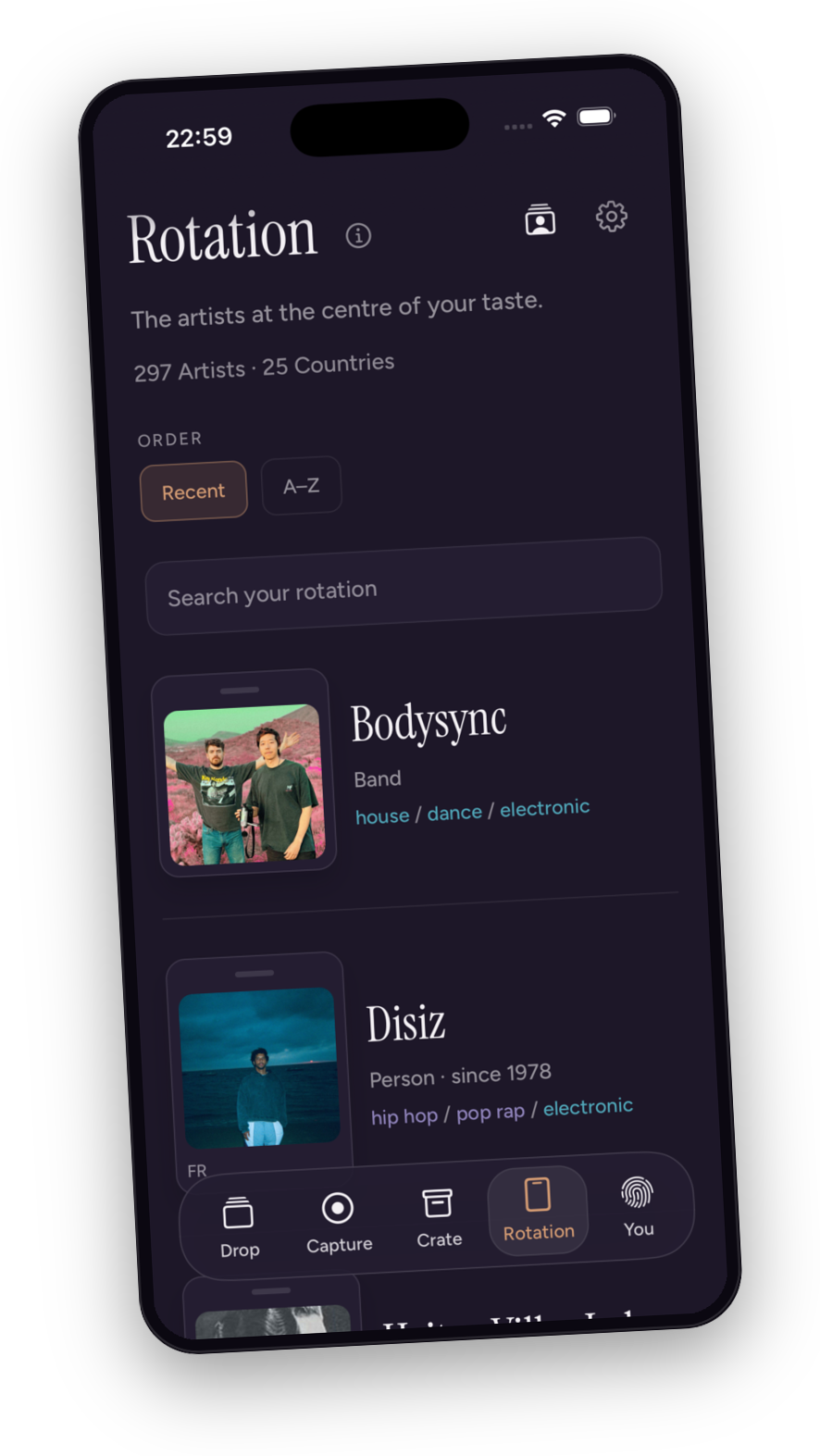 The synff app showing a listener's Rotation of artists