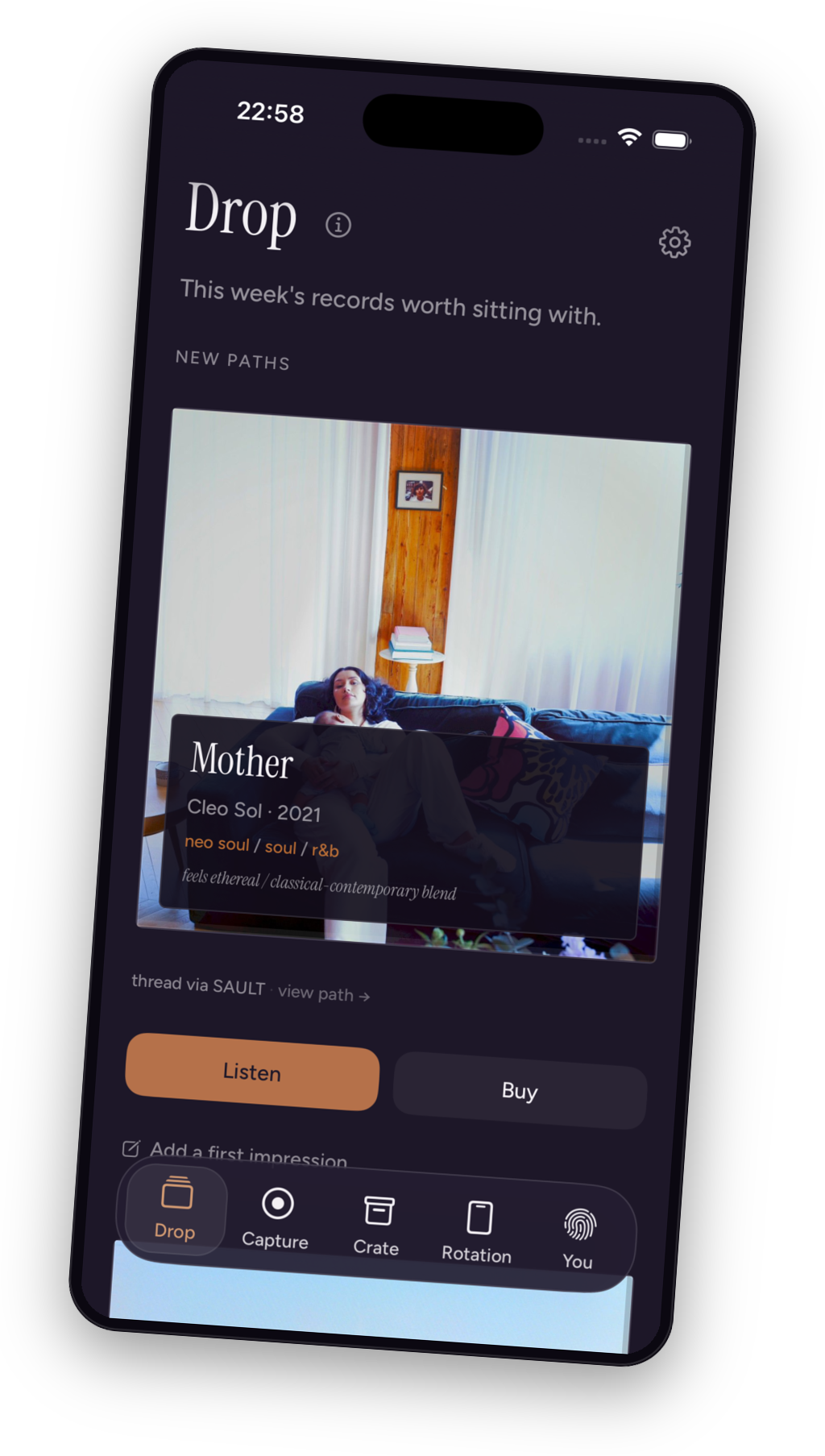 The synff app showing a weekly recommendation and why it was chosen