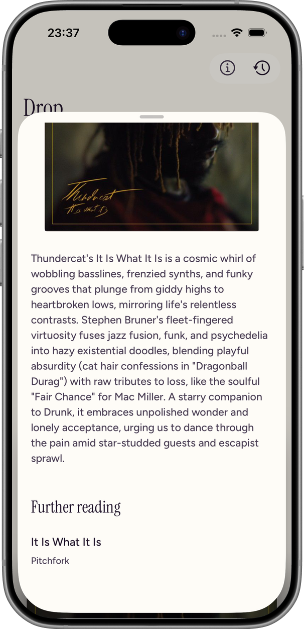 The album sheet for It Is What It Is, with its story and further reading