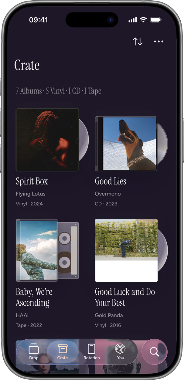 A listener's Crate of owned albums in the synff app