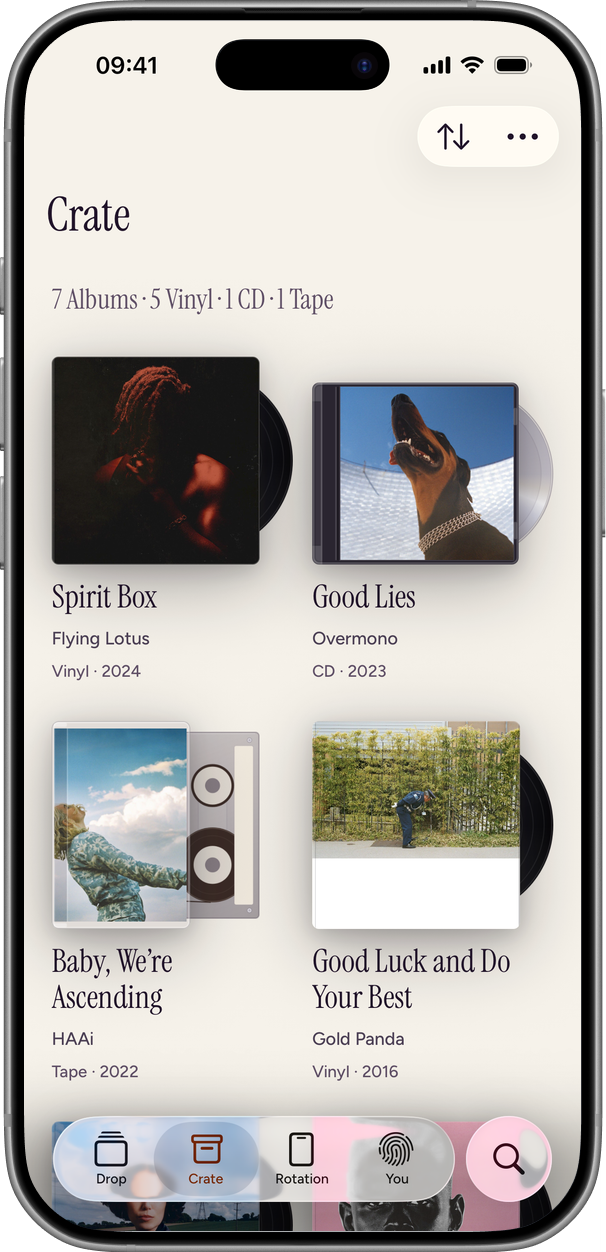 A listener's Crate of owned albums in the synff app