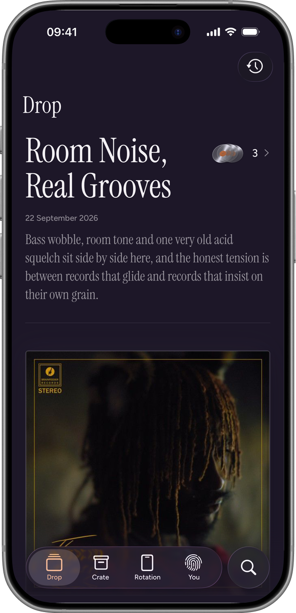 The synff app showing a Drop called Room Noise, Real Grooves