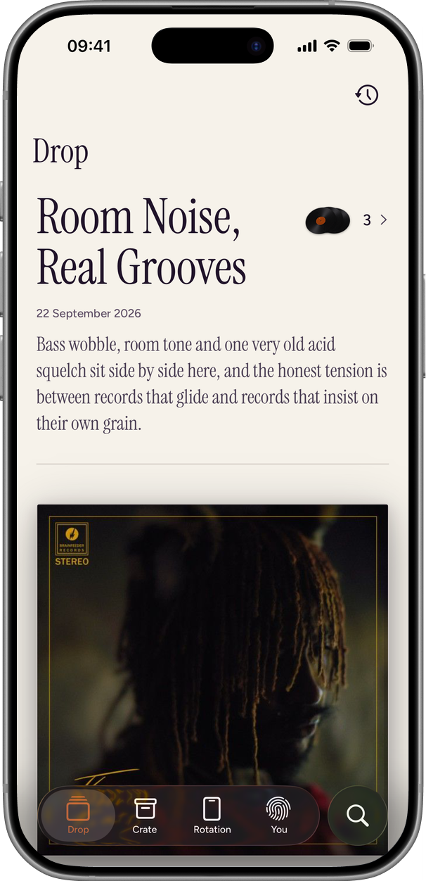The synff app showing a Drop called Room Noise, Real Grooves
